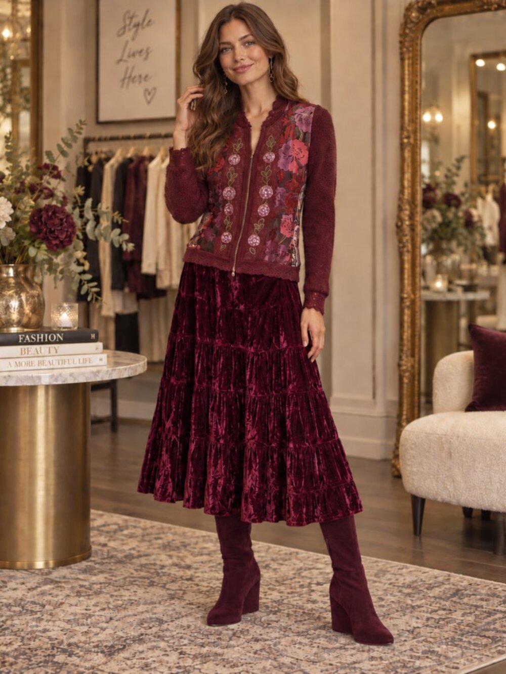 Sinéquanone Burgundy Crushed Velvet Tiered Skirt | Luxe Fall Statement - Sz S/M